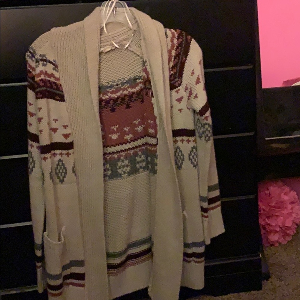 tan with bright colors and designs cardigan